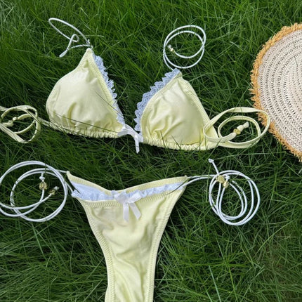 Set Bikini Triangolo Sexy Micro Thong, Costume da Bagno Donna, Biquini con Lacci, Abbigliamento da Spiaggia Stampato, Bikini Thong platinumshop