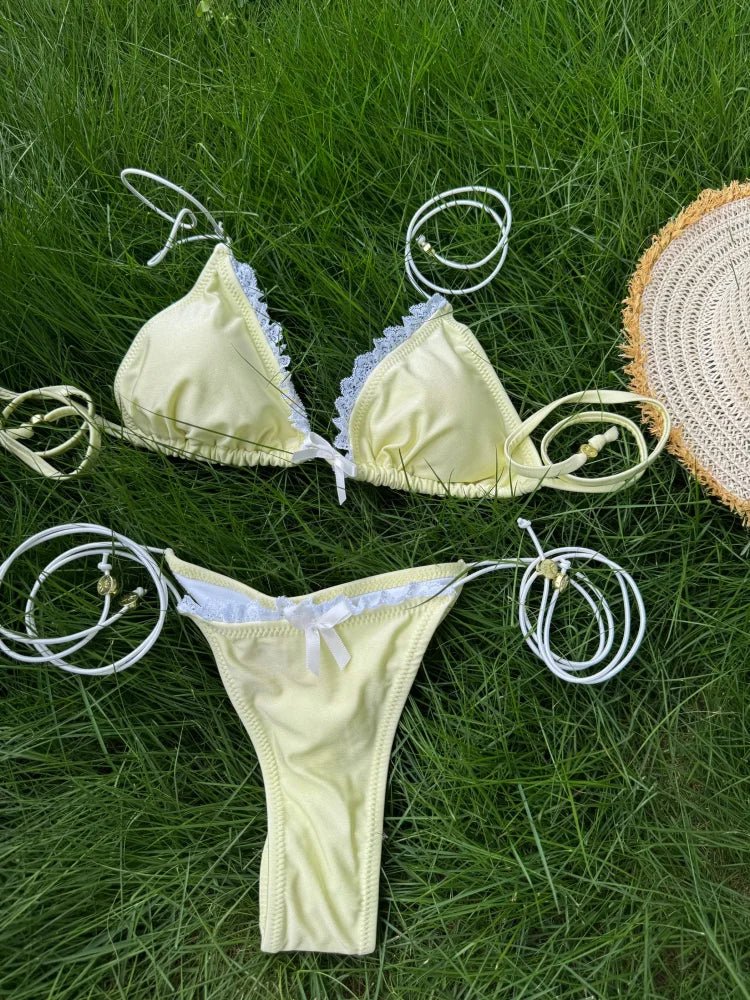 Set Bikini Triangolo Sexy Micro Thong, Costume da Bagno Donna, Biquini con Lacci, Abbigliamento da Spiaggia Stampato, Bikini Thong platinumshop