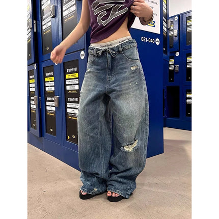 YIBASHU Jeans Larghi Blu da Donna, Pantaloni in Denim Strappati Stile Americano Retrò Y2K, Lavati, Designer Giapponese Harajuku, Gamba Larga, Lunghi