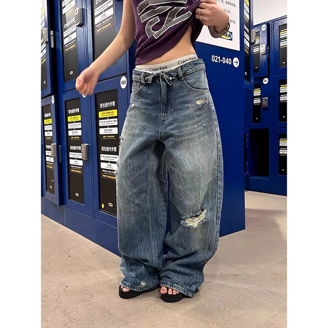 YIBASHU Women's Blue Loose Jeans, Y2K Retro American Style Ripped Denim Pants, Washed, Japanese Harajuku Designer, Wide Leg, Long