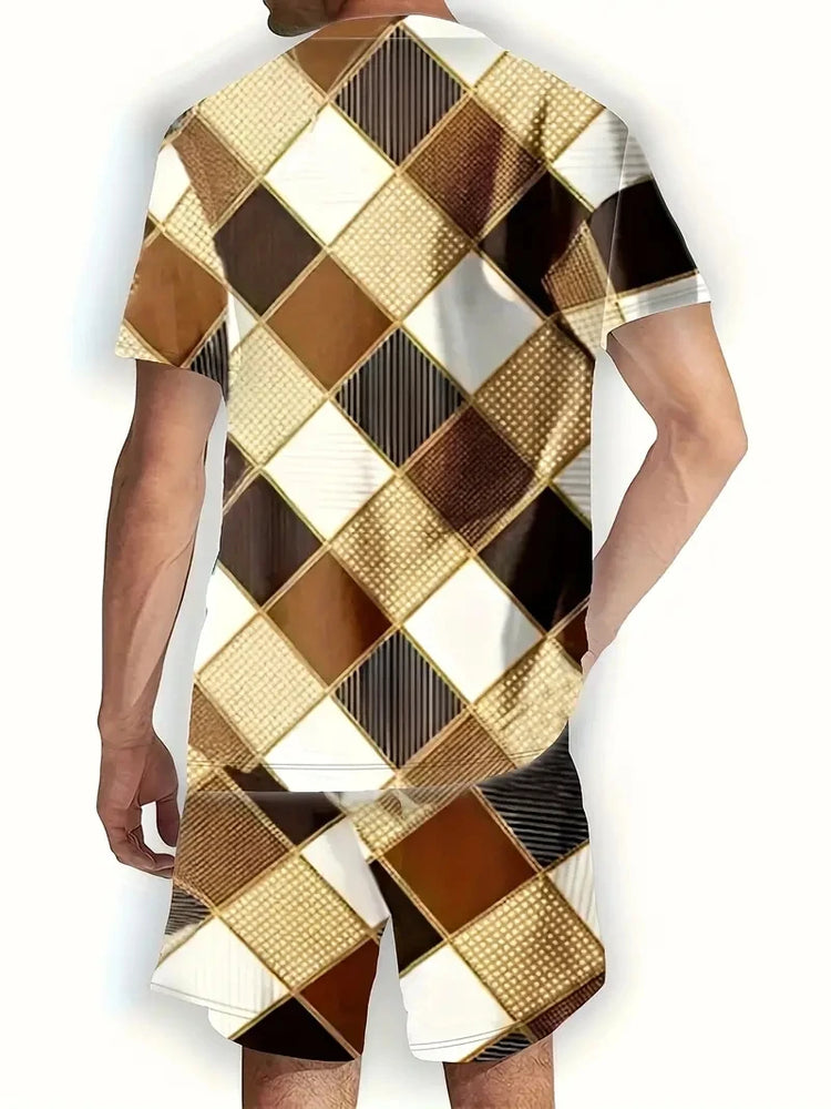 Nuovo vestito da uomo in due pezzi con stampa scozzese moda estate O-colletto Polo a maniche corte + pantaloncini abito da uomo in due pezzi