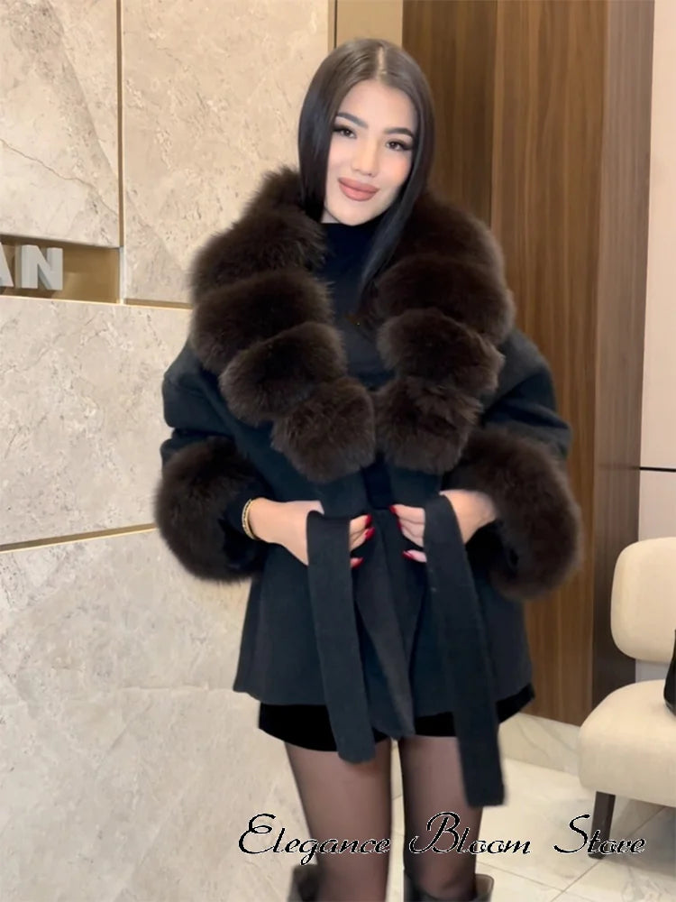 Solid Color Faux Fur Collar Cuff Wool Coat Women Belted Waist Short Jacket 2026 Winter Lady Street Daily Party Casual Outwear