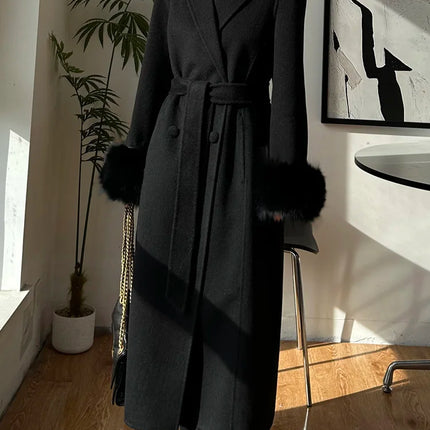 Autumn Winter Korean High-end Real Fox Fur Sleeves Women Black Slim Fit Waist Cinched Double-sided Wool Coat Long Woolen Coat