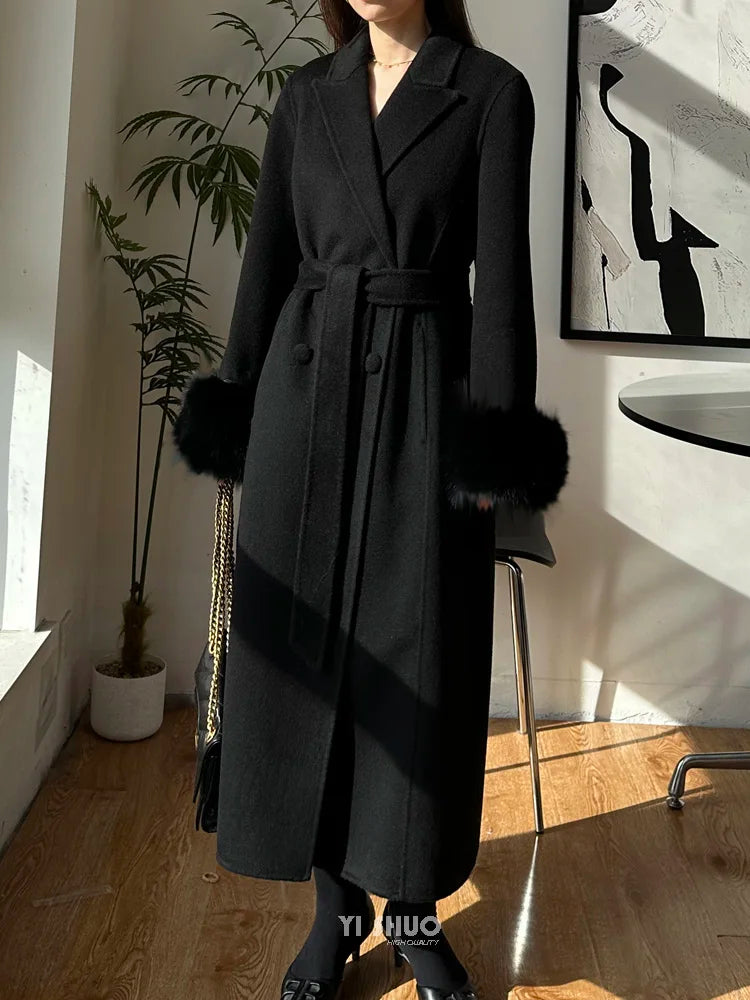 Autumn Winter Korean High-end Real Fox Fur Sleeves Women Black Slim Fit Waist Cinched Double-sided Wool Coat Long Woolen Coat