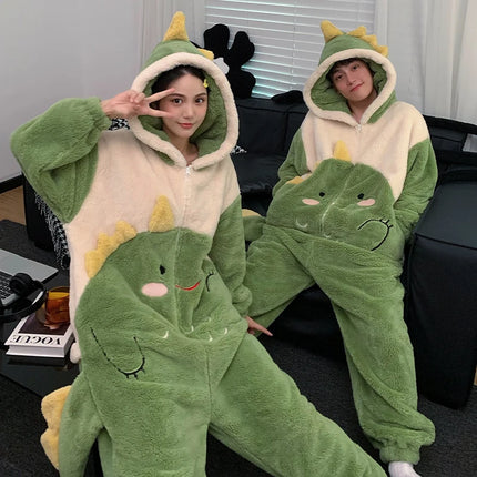 Couples Kigurumis Dinosaur Pajamas Jumpsuits Sleepwear Women Men Winter Thicken Hooded Cartoon Pyjamas Coral Fleece Loose Soft