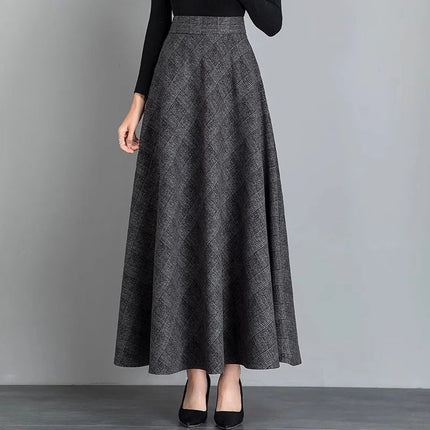 New Women Thick Woolen Skirt Autumn Winter Fashion Elastic High Waist A-Line Long Plaid Skirt Elegant Easy Match Wool Skirt PlatiNum