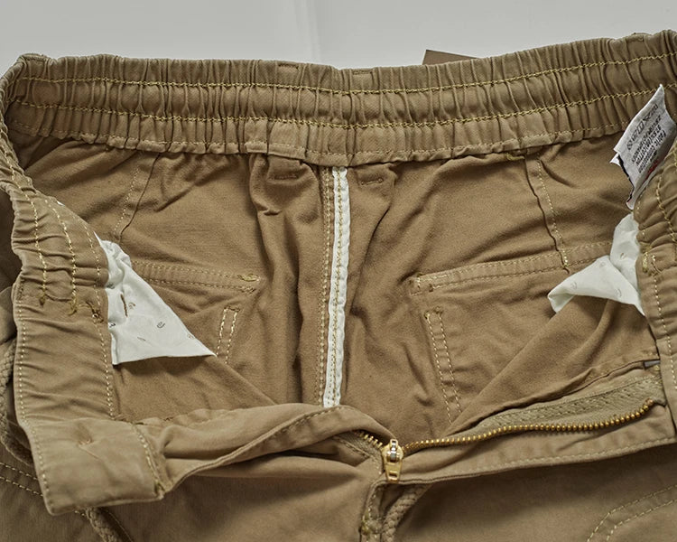 Autumn New American Retro Woven Cargo Pants Men's 97.5% Cotton Washed Elastic Waist Drawstring Loose Casual Anke-tied Trousers