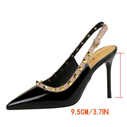 Donne 9.5 cm Tacchi alti Lady Pelle verniciata con borchie Tacco a spillo Singolo cinturino alla caviglia Tacchi Décolleté Scarpe da ballo traspiranti femminili platinumshop