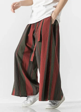 Pantaloni da uomo a gamba larga a righe in cotone e lino pantaloni a gamba larga uomo retrò stile cinese maschile casual vendite calde Nepal veste pantaloni da jogging