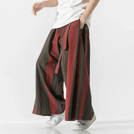 Pantaloni da uomo a gamba larga a righe in cotone e lino pantaloni a gamba larga uomo retrò stile cinese maschile casual vendite calde Nepal veste pantaloni da jogging