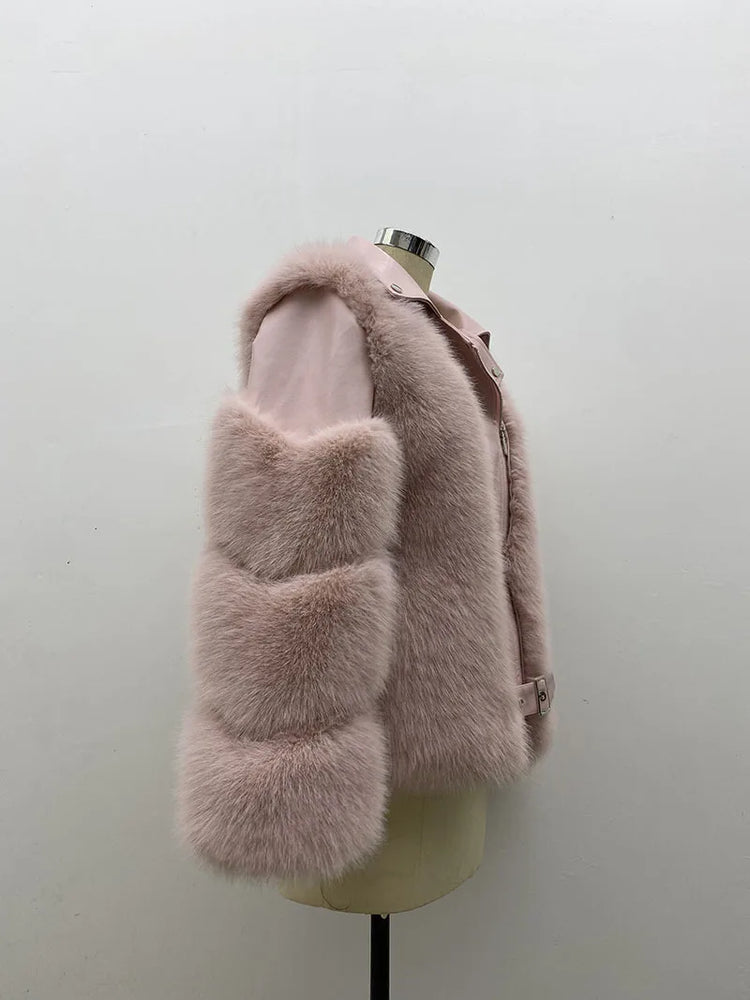 ZADORIN Top Fashion Luxury FAUX Fox Fur Coat Motorcycle PU Leather Turn Down Collar Warm Faux Fur Jacket Women Autumn Winter New