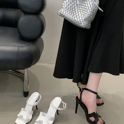 Alionly 2026 New Summer Fashion Open Toe Sandals Women Metal Buckle Narrow Band Thin Low Heel Gladiator Party Shoes