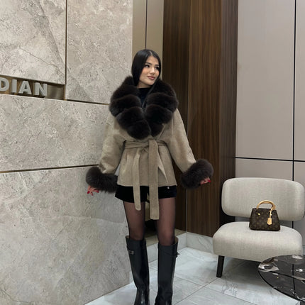 Solid Color Faux Fur Collar Cuff Wool Coat Women Belted Waist Short Jacket 2026 Winter Lady Street Daily Party Casual Outwear