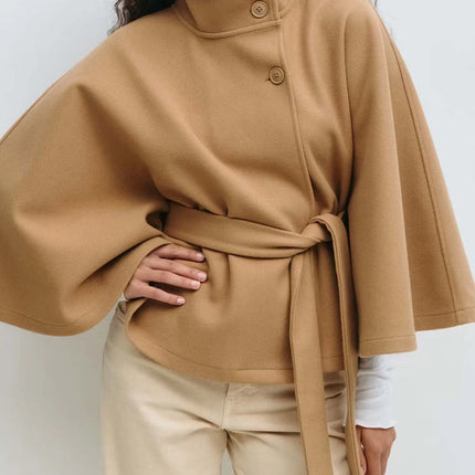 Women Lace Up High Neck Jackets for Women with Belt Elegant Windbreaker Faux Wool Blends Cape Korean Solid Windbreaker Cloak