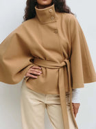 Women Lace Up High Neck Jackets for Women with Belt Elegant Windbreaker Faux Wool Blends Cape Korean Solid Windbreaker Cloak