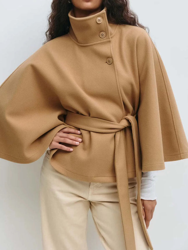 Women Lace Up High Neck Jackets for Women with Belt Elegant Windbreaker Faux Wool Blends Cape Korean Solid Windbreaker Cloak