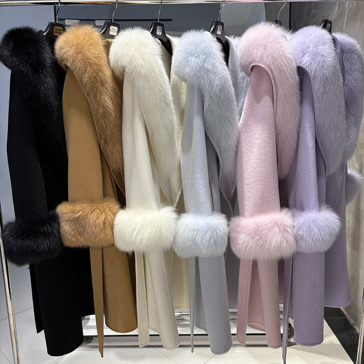 YOLOAgain Women's 100% Wool Coat Long With Detachable Real Fox Fur Collar 2025 Autumn Elegant Double-Sided Wool Coat