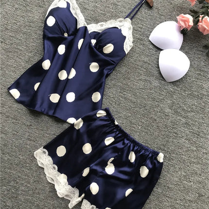Nuovo set di biancheria intima da donna in due pezzi, composto da canotta e pantaloncini in raso a pois, stile europeo e americano, semplice e casual.