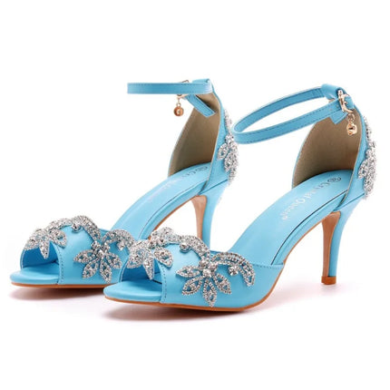Sandalias de mujer de calidad femenina con diamantes de imitación de PU, tacón delgado de 7 cm, correa de hebilla, zapatos de vestir de estilo coreano para mujer, azul cielo maduro