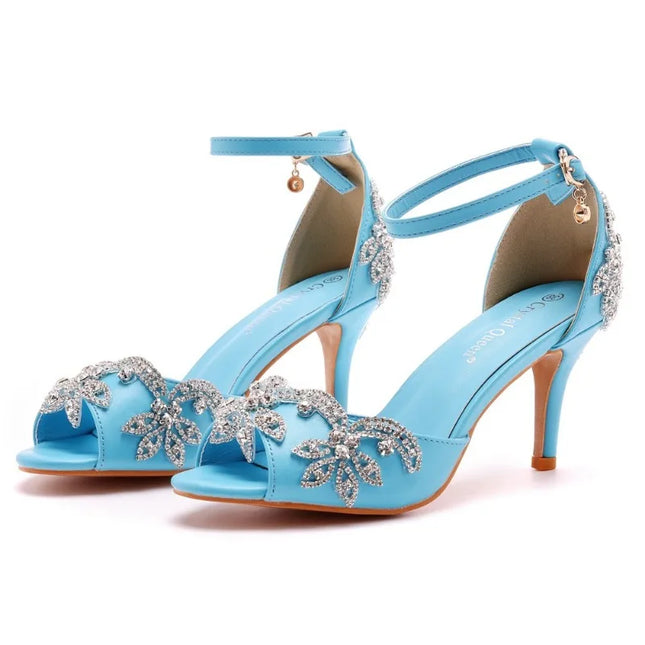 Women's Sandals Quality Feminine Rhinestone PU 7CM Thin Heels Buckle Strap Korean Style Women's Shoes Mature Sky Blue Dress