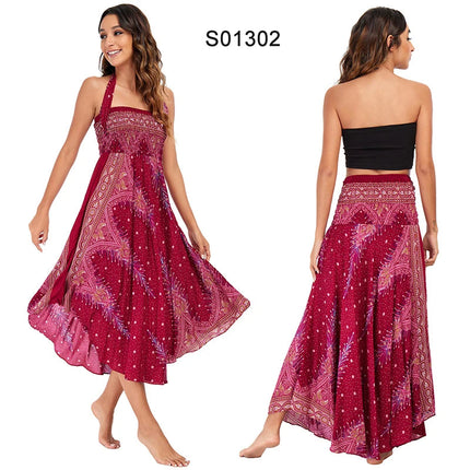 Boho Gonne Donna Rayon Beach Abito lungo Estate Bohemian Jupe Longue Femme Elastico in vita Stampa Fasciatura floreale Halter Hippie platinumshop