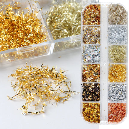 12 Color Gold Foils Gorgeous Nails Glitter Random Aluminum Flakes Paillette Chip Nail Design Shinny Sparkles Nail Art 2027