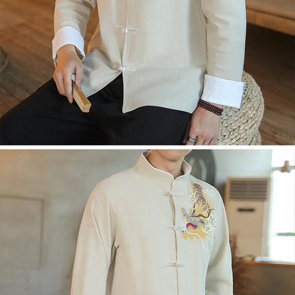 Camicie da Uomo a Maniche Lunghe in Stile Cinese, Ricamate, per Kung Fu e Tai Chi, Cardigan Retrò in Lino, Abito Tradizionale Tang, Top Tradizionale da Uomo