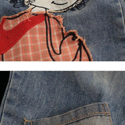 Primavera nuova corea moda Patch disegni cartone animato ricamo Jeans larghi da donna vita elastica pantaloni Casual in Denim di cotone Harem V987
