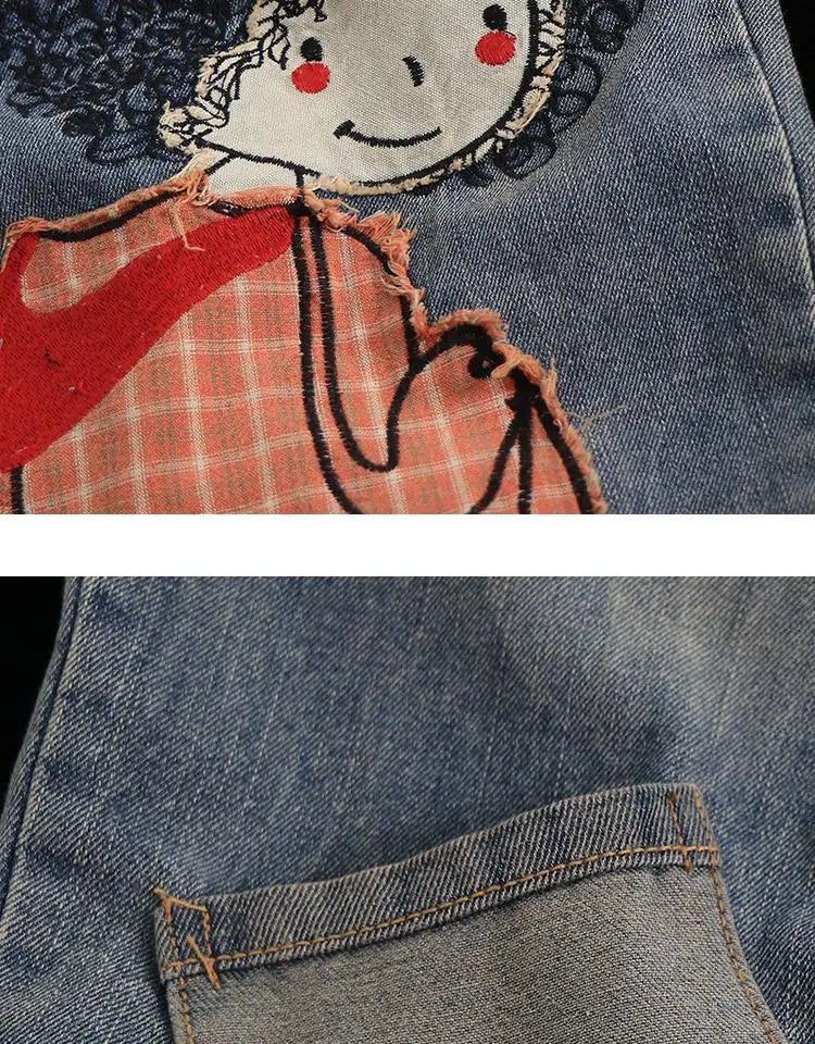 Primavera nuova corea moda Patch disegni cartone animato ricamo Jeans larghi da donna vita elastica pantaloni Casual in Denim di cotone Harem V987