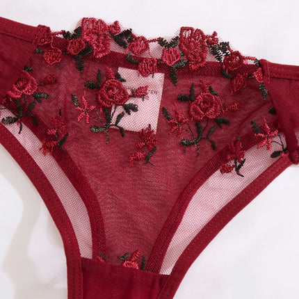 Ladies' Wine Red Heart-Shaped Design Embroidered Semi Transparent Comfortable Breathable Underwear Set, Suitable ZA825026