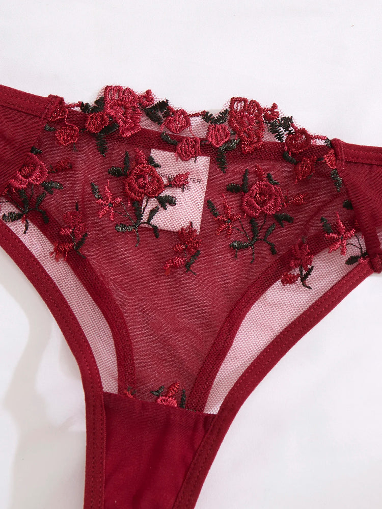Ladies' Wine Red Heart-Shaped Design Embroidered Semi Transparent Comfortable Breathable Underwear Set, Suitable ZA825026