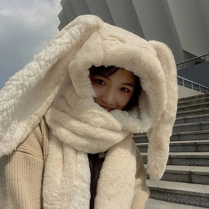 New Fashion Scarf Hat Glove Women Cute Big Ear Bunny Beanie Winter Warm Soft Thickening Pocket Warm Ear Hats Hooded Skullie Caps