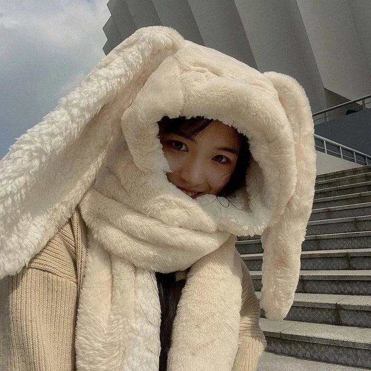 New Fashion Scarf Hat Glove Women Cute Big Ear Bunny Beanie Winter Warm Soft Thickening Pocket Warm Ear Hats Hooded Skullie Caps
