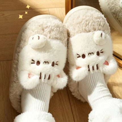 Women's Cute Cat Plush Cotton Slippers Autumn & Winter Home Anti Slip Thick Bottom Cotton Slippers Soft and Warm Indoor Slippers