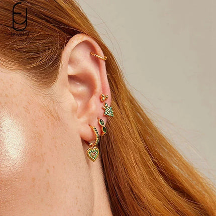 925 Sterling Silver Needle Green Zircon Gold Earrings Heart Hoop Earrings for Women Delicate Stud Earrings Luxury Jewelry Gifts PlatiNum