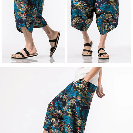 Pantaloncini Estivi Harajuku Larghi con Stampa, Traspiranti, Casual, Lunghezza al Polpaccio, Nuovi Pantaloni da Uomo in Cotone e Lino Oversize Stile Lanterna