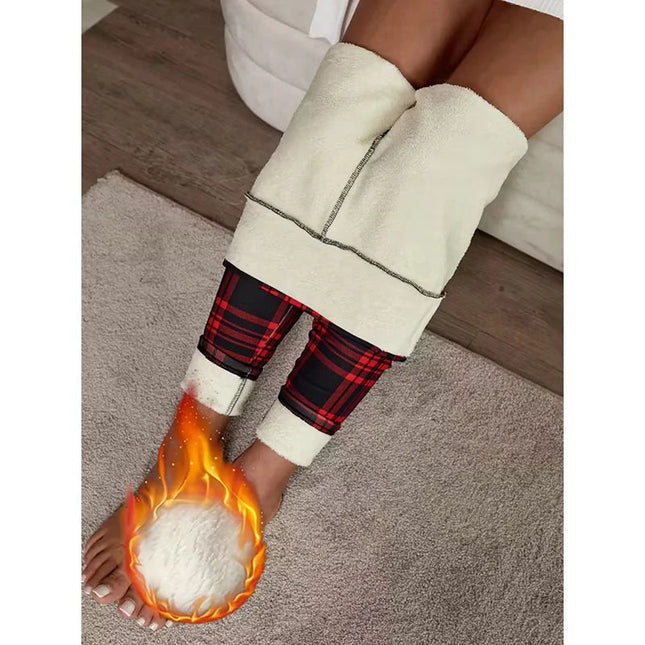 Women Lamb Wool Plaid Leggings Autumn Winter Out Wear Vintage Street Warm Leggings Woman High Waist Thicken Plush Lined Leggings PlatiNum