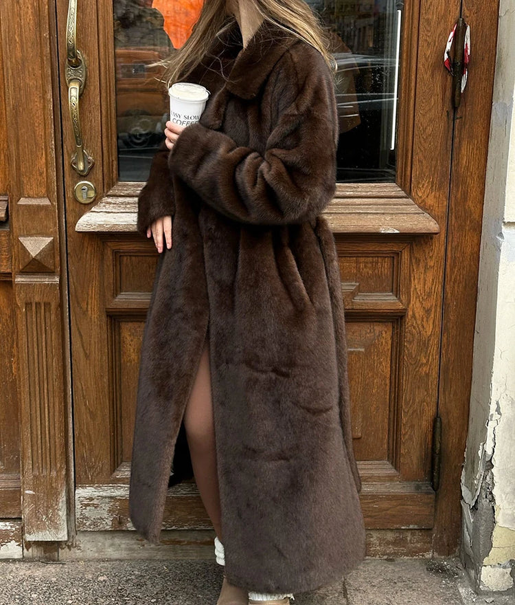 ZADORIN 110cm Long Lapel Belted Brown Faux Fur Coat Woman Elegant Mink Fur Faux Coat Fluffy Fur Jackets for Woman Winter Clothes