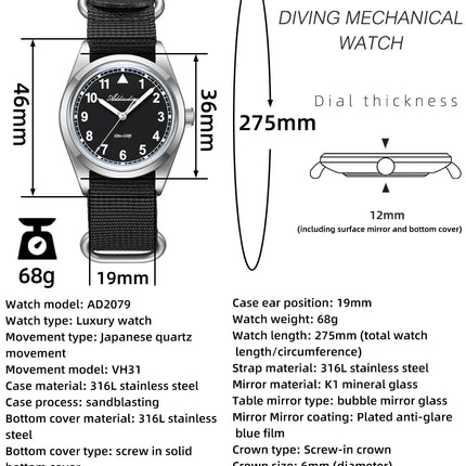 ADDIESDIVE 36mm Men's Analog Watch Bubble Mirror Glass 100m Waterproof Luminous Watch Simple Men Quartz Watches with Nylon Strap