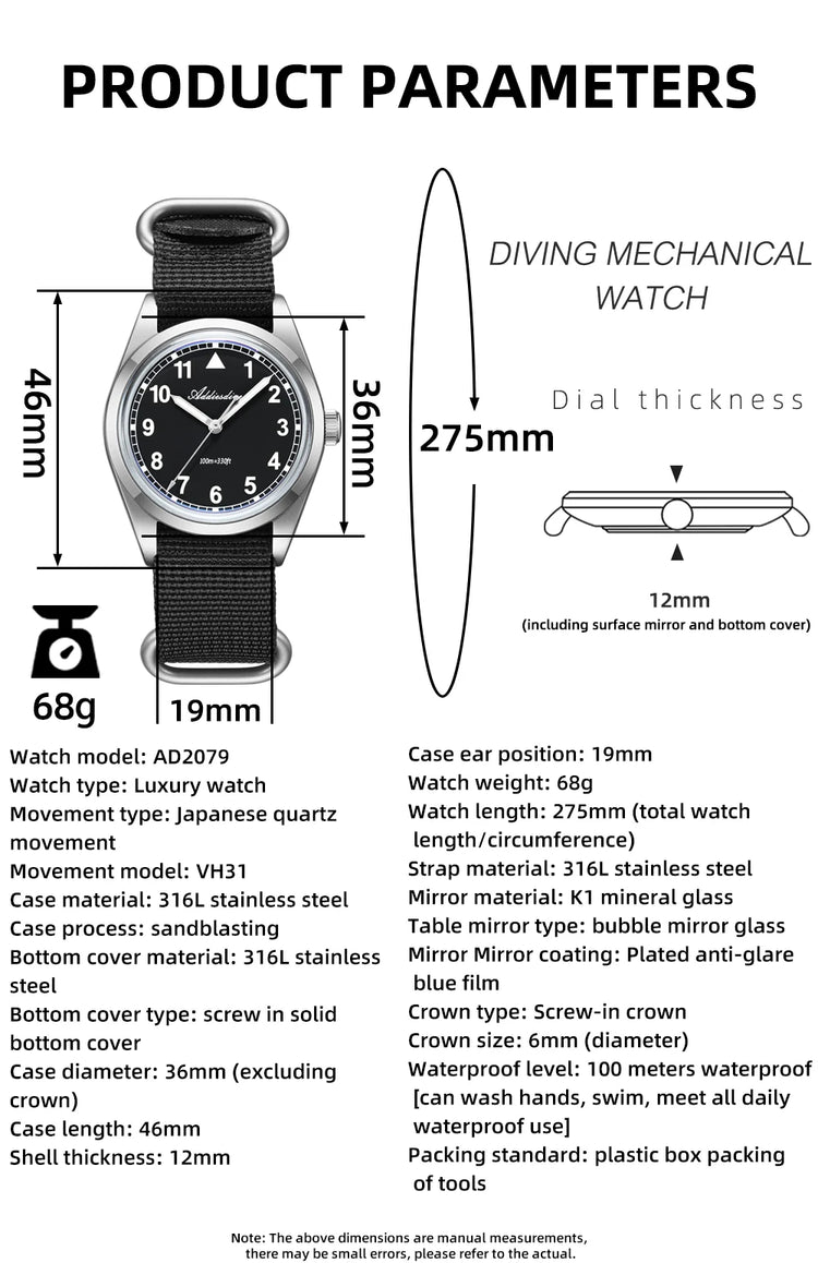 ADDIESDIVE 36mm Men's Analog Watch Bubble Mirror Glass 100m Waterproof Luminous Watch Simple Men Quartz Watches with Nylon Strap
