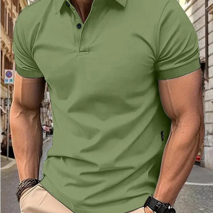 Men's Casual Short Sleeve Button-Up Lapel Solid Color T-Shirt
