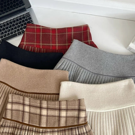 Plaid Pleated Mini Skirt Thick Wool Short Skirt High Waist Box-pleat Miniskirt for Women Teen-girl Preppy Style Outfit PlatiNum