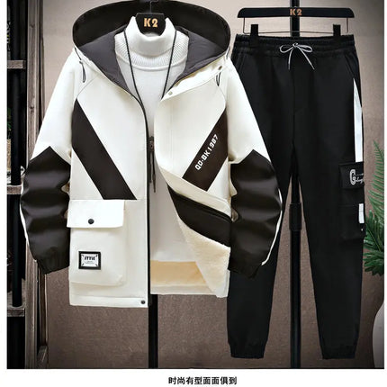 Winter Tracksuit Men Warm Sports Printed Thick Suit Mens Casual Hooded jacket+Pants Sweatsuit Male 2 Piece Sportswear