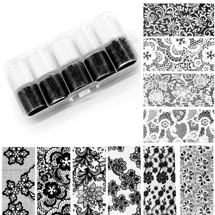 10 Rolls 2.5*50cm New Black White Lace Transfer Foil Nail Art Sexy Full Wraps Flower Glue Adhesive DIY Manicure Styling Tools 2028