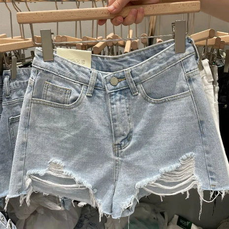 Y2k Pantaloncini di jeans strappati da donna Nuova linea A ampia con bordi sfilacciati per pantaloni corti estivi Pantaloncini di jeans streetwear da donna neri