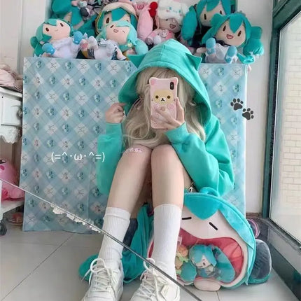 Zipper Hoodie Gothic Cartoon Kawaii Cat Ear Y2k Jacket Zip Up Thin Coat Spring Autumn Cute Core 2000s Clothes Fall Sweatshirts