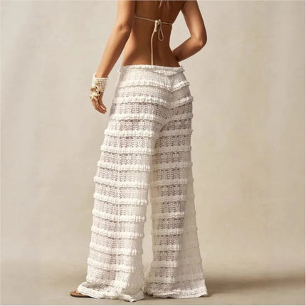 Pantaloni Estivi 2026 Casual Larghi a Gamba Larga in Maglia Tinta Unita da Donna per Vacanze e Spiaggia Stile Semplice Trasparenti platinumshop