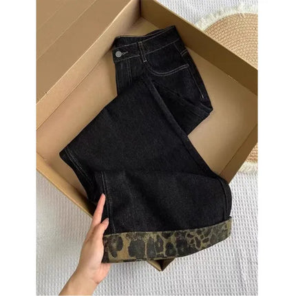 Y2K Jeans da donna americani a vita alta con stampa leopardata nera, bordo arrotolato, gamba larga, pantaloni estivi larghi con punto a contrasto