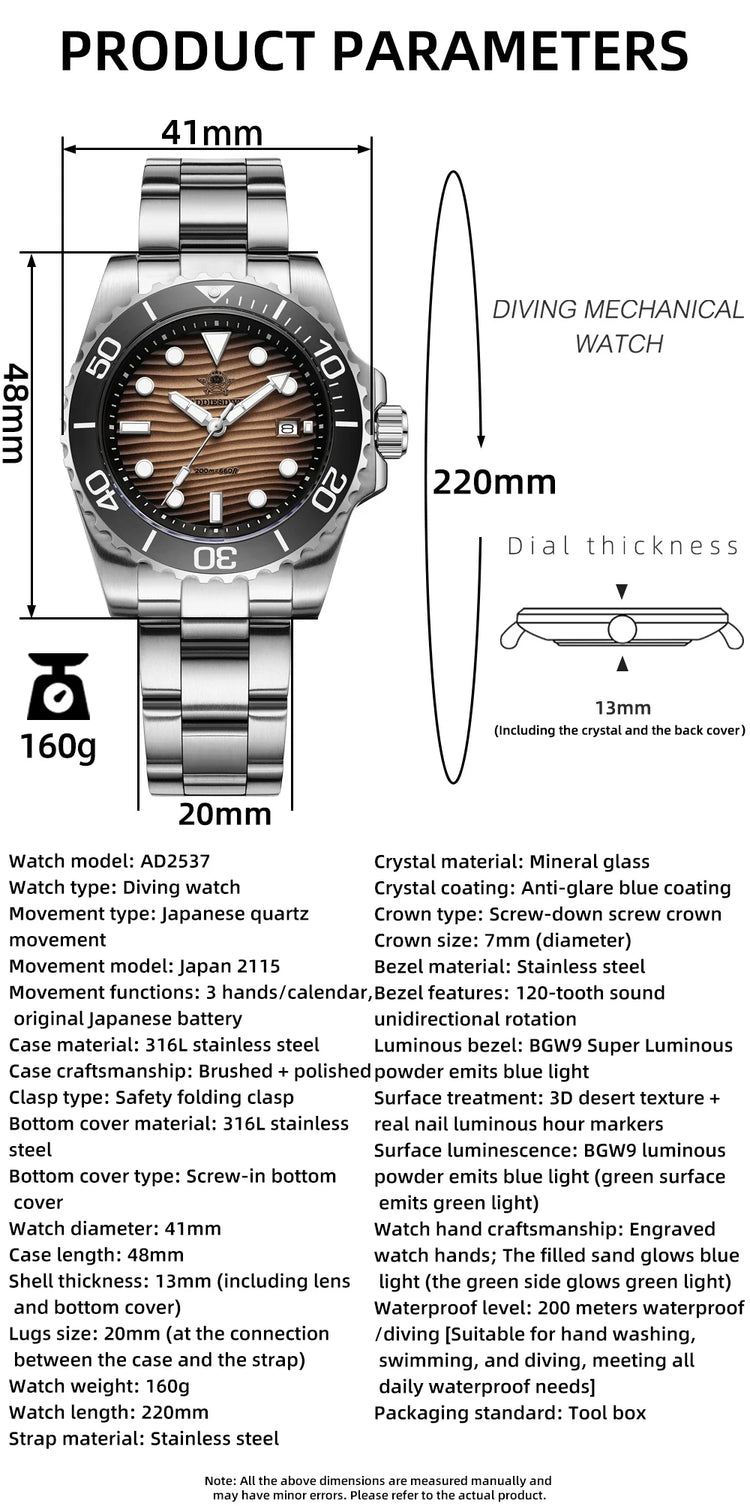 ADDIESDIVE Luxury Men's Quartz Watch Japan 2115 Stainless Steel Diving Luminous Watches 200m Waterproof High-End Wristwatch New