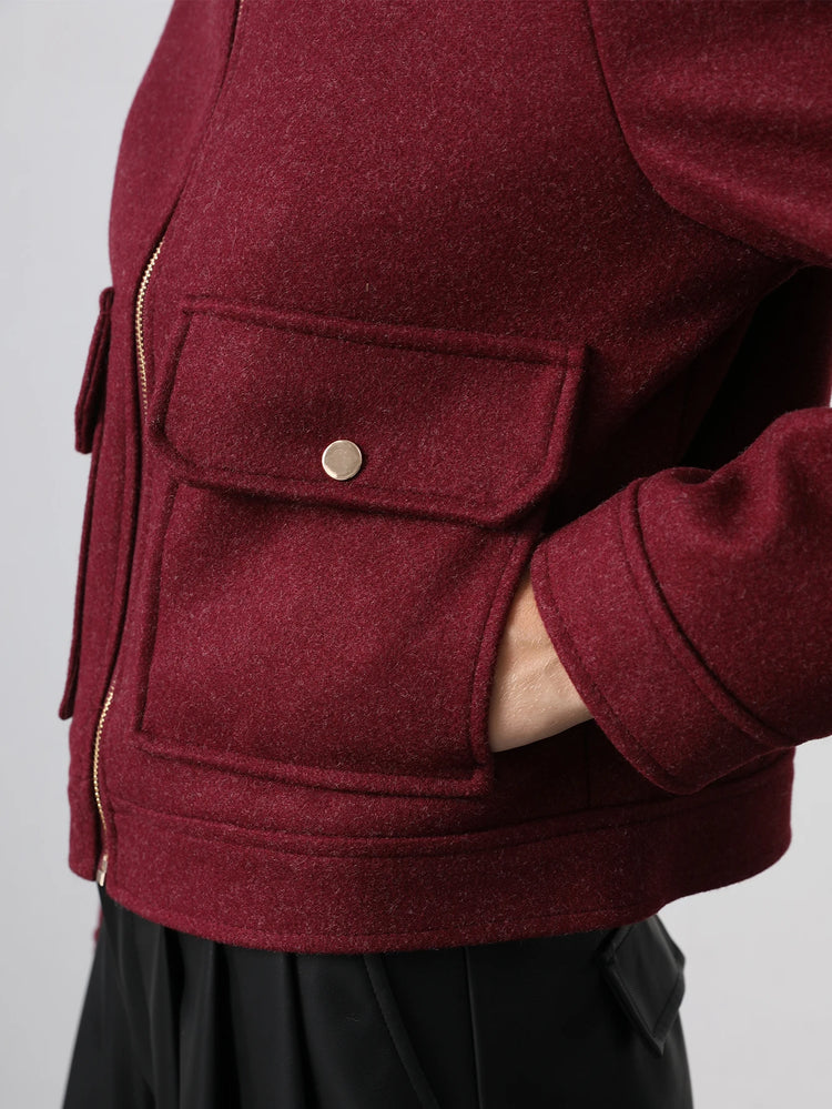 KONDALA Red Bordeaux Loose Jakcets Women Zipper Pockets Short Coats Fashion 2025 Autmn Elegant Bomer Jackets Elegant Outwears